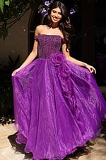 purple strapless dress with rosette details K38283