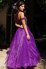 purple off the shoulder embellished kids dress K38283