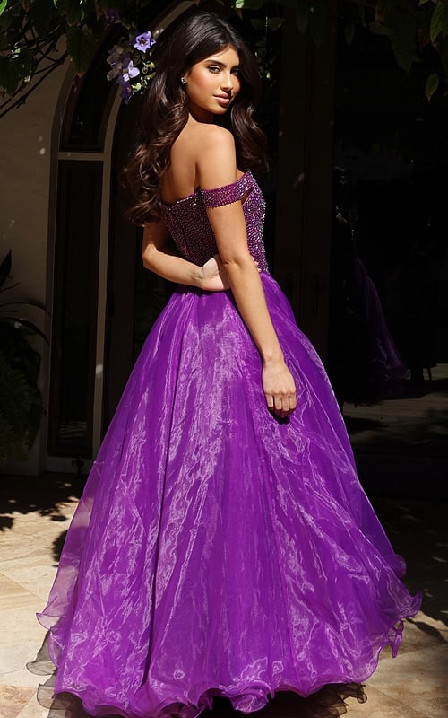 purple off the shoulder embellished kids dress K38283