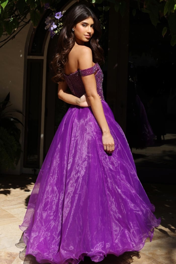 purple off the shoulder embellished kids dress K38283