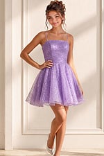 lavender sequin mini dress with spaghetti straps and full glitter skirt