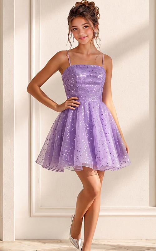 lavender sequin mini dress with spaghetti straps and full glitter skirt