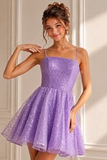 lavender sequin dress with square neckline and sparkle tulle skirt