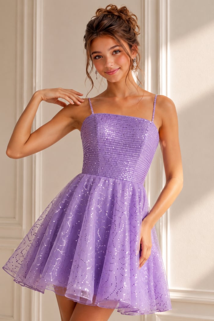 lavender sequin dress with square neckline and sparkle tulle skirt