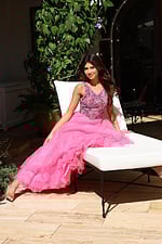 Beaded bodice gown with layered organza skirt