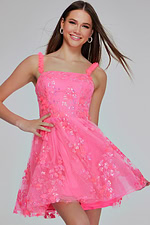 Model in K39141 front-facing pink dress showing elegant floral details.