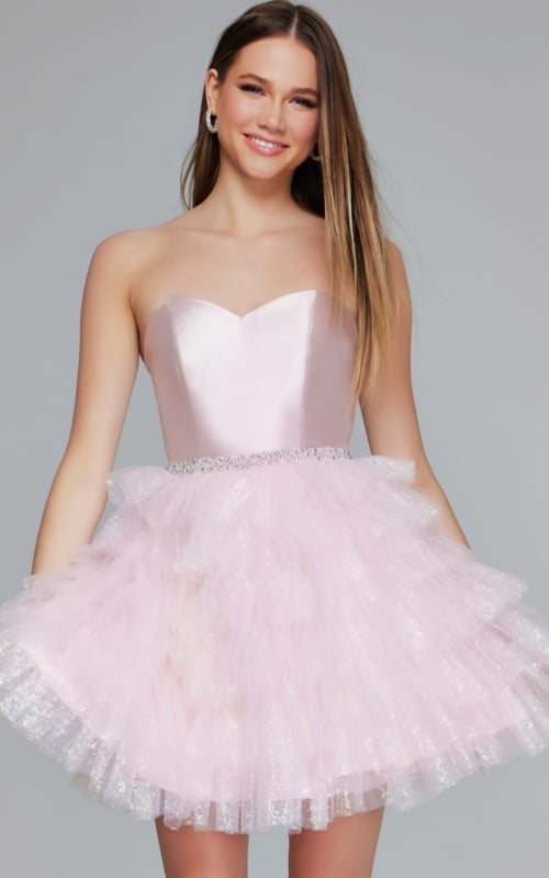 model wearing K39310 pink dress with layered tulle skirt and strapless sweetheart neckline