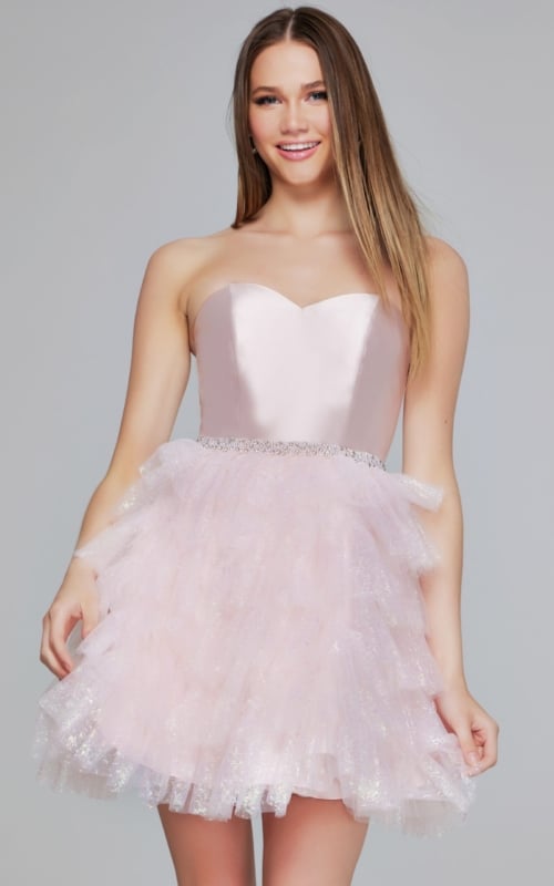 model showcasing K39310 pink dress, strapless with sweetheart neckline and sparkling waistband