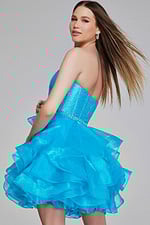 Back view of Jovani K39311 turquoise dress with sparkling details on bodice.