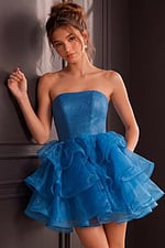 blue strapless ruffled skirt mini dress K39312