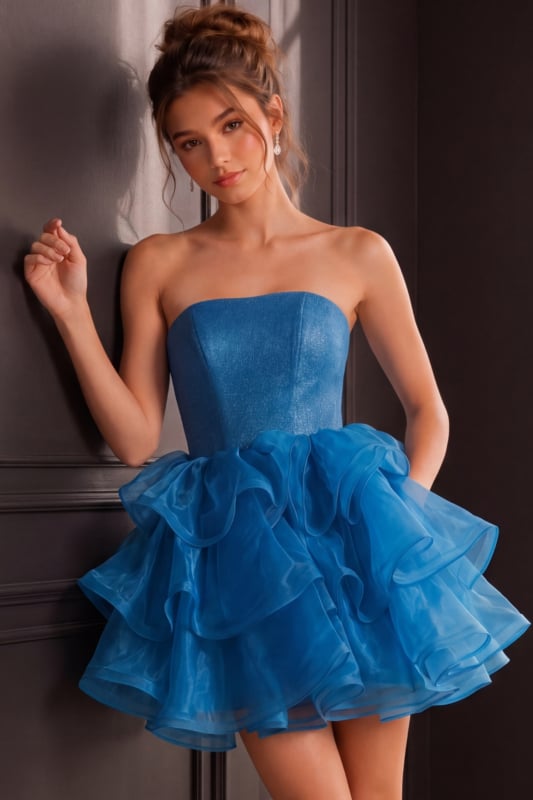 Turquoise Strapless Ruffle Mini Dress K39312 | Jovani