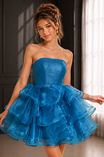 blue strapless dress with shimmer bodice and layered ruffle skirt