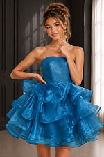 blue glitter strapless dress with tiered organza ruffle skirt