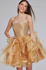 Model wearing Jovani K39312 dress in gold, front view