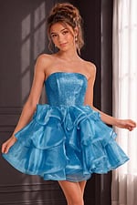 turqouise strapless ruffled skirt mini dress
