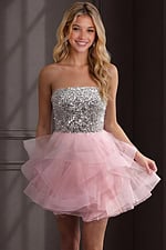 pink fit and flare dress with sequin bodice and tiered organza ruffle skirt