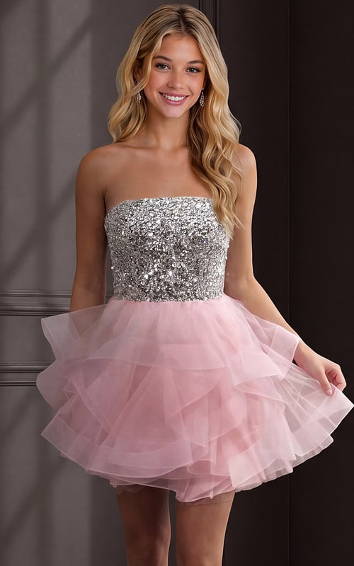 pink fit and flare dress with sequin bodice and tiered organza ruffle skirt