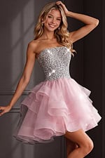 pink sequin bodice party dress with full ruffle skirt