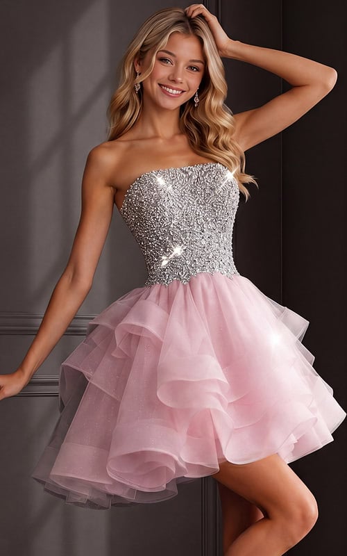 pink sequin bodice party dress with full ruffle skirt