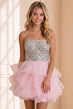 pink mini dress with silver sequin bodice and ruffled organza skirt