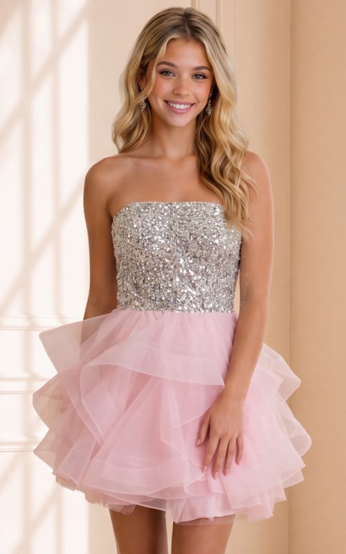 pink mini dress with silver sequin bodice and ruffled organza skirt