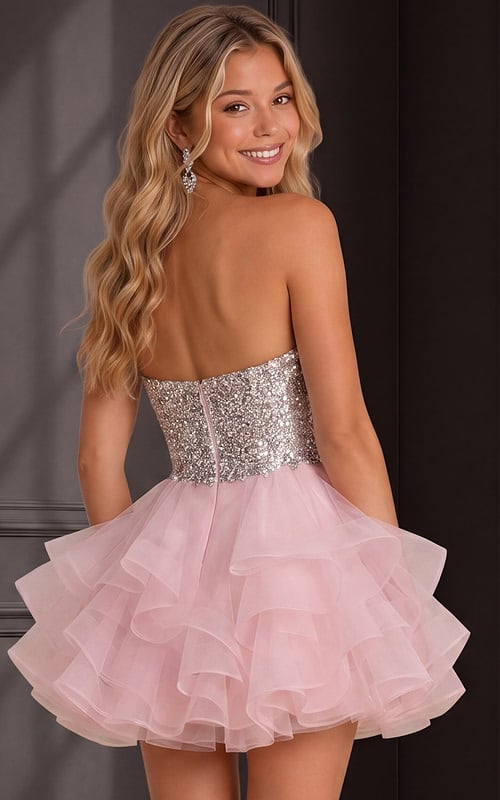 back view of pink ruffle organza dress with sparkling sequin bodice