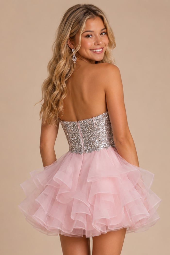 back view of pink dress with sequin bodice and ruffle organza skirt