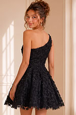 one shoulder black fit and flare dress with floral applique K40894