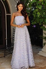 Jovani K42175 blue strapless A line prom dress with 3D floral lace appliques and sequin beaded accents throughout the full length skirt