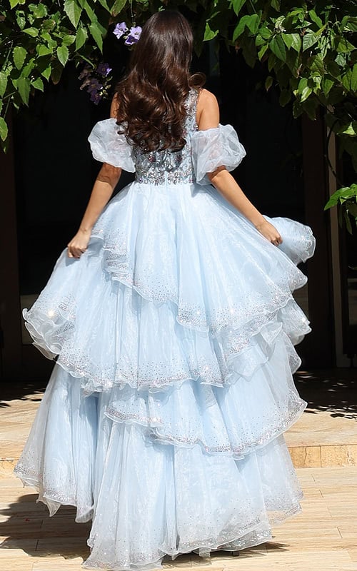 Off shoulder ruffle gown with layered skirt