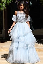 Beaded Bodice Tiered Tulle Ball Gown