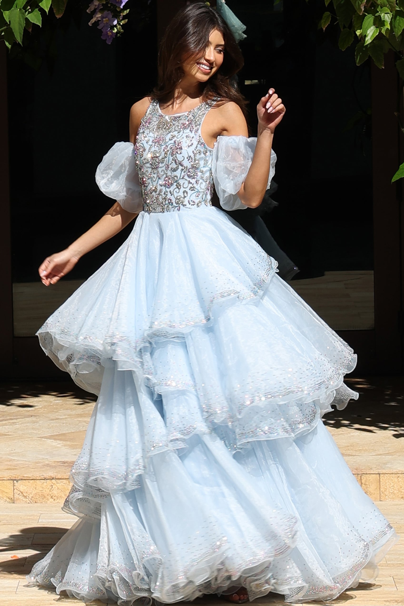 K42178_lightblue_8 corset bodice and ruffled skirt long dress K42178