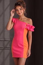 pink and orange colorblock one shoulder mini dress with ruffle sleeve