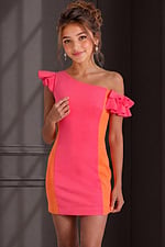 pink and orange colorblock fitted dress with one shoulder ruffle detail