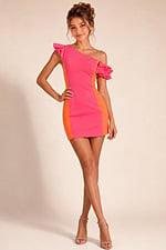 pink and orange colorblock one shoulder bodycon mini dress