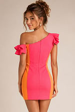 back view of pink and orange colorblock one shoulder mini dress