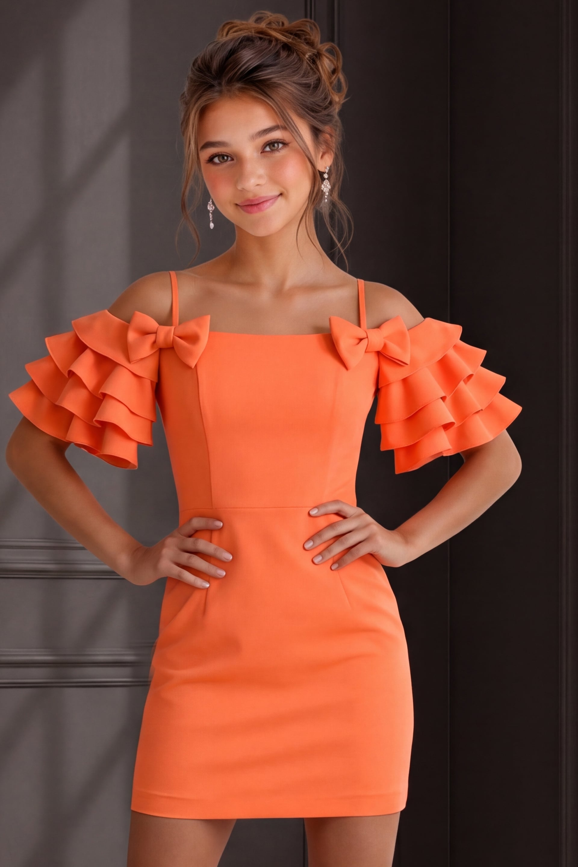 K44089-1 orange off the shoulder mini dress with tiered ruffle sleeves and bow detail