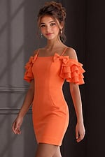 orange off the shoulder fitted mini dress with tiered ruffle sleeves