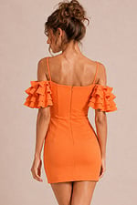 back view of orange fitted mini dress with tiered ruffle sleeve detail