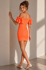 orange off the shoulder mini dress with ruffle sleeves, side pose