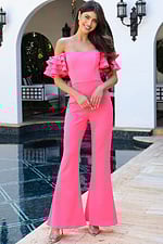 Pink off shoulder ruffle sleeve jumpsuit