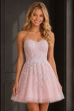 pink floral lace applique dress with strapless sweetheart bodice and glitter tulle skirt