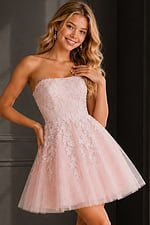 pink strapless dress with floral applique bodice and sparkle tulle skirt