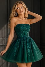 emerald green strapless dress with sequin floral bodice and full tulle skirt