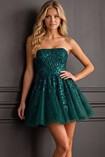 green strapless embellished fit and flare dress K44212