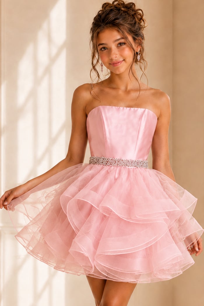 pink fit and flare dress with satin bodice and layered organza ruffle skirt