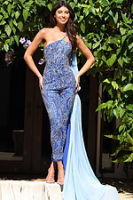 Fitted embellished pantsuit with flowing side cape