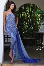 Jovani K44932 sapphire light blue one shoulder beaded jumpsuit with crystal embellishments and flowing chiffon cape train