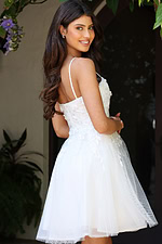 Jovani K45717 off white spaghetti strap short A line dress back view showing 3D floral lace applique bodice and tulle flare skirt