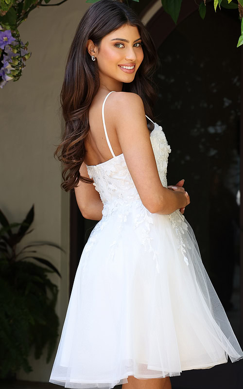 Jovani K45717 off white spaghetti strap short A line dress back view showing 3D floral lace applique bodice and tulle flare skirt